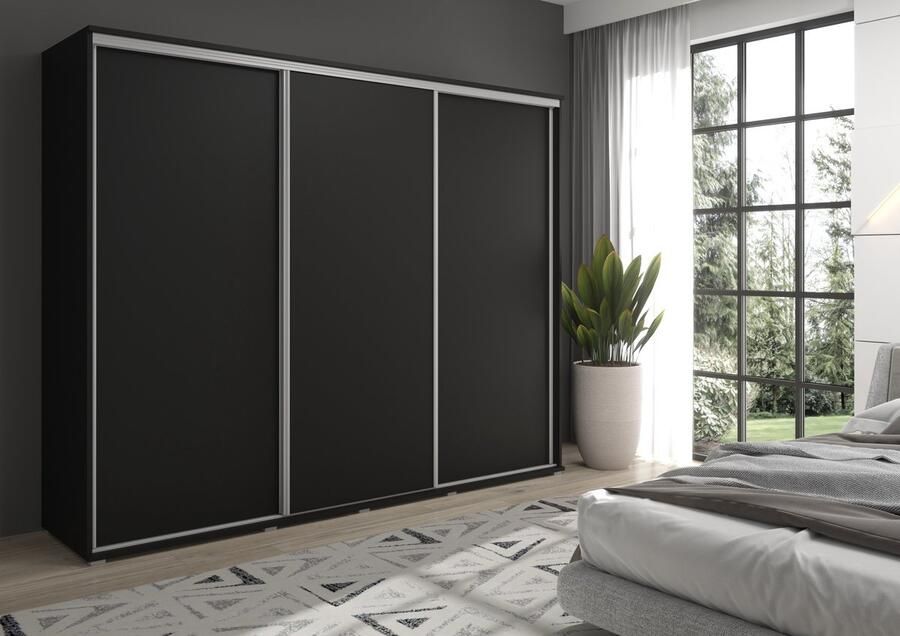 Maxi Maja LAGO kledingkast met schuifdeuren breedte 240 cm 3 deuren met laden met legplanken met hanggedeelte grote ruime schuifkast zwart