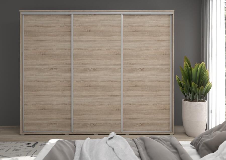 Maxi Maja LAGO kledingkast met schuifdeuren breedte 230 cm 3 deuren met laden met legplanken met hanggedeelte grote ruime schuifkast sonoma eik decor bruin