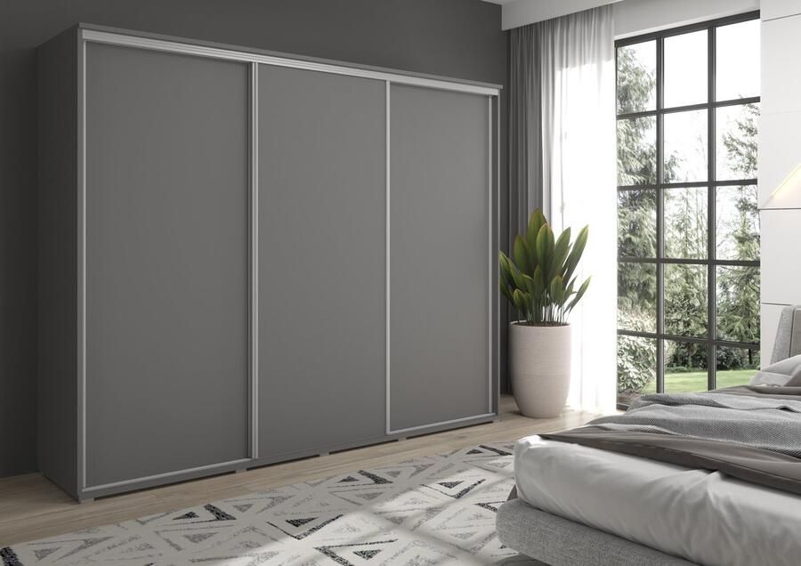 Maxi Maja LAGO kledingkast met schuifdeuren breedte 240 cm 3 deuren met laden met legplanken met hanggedeelte grote ruime schuifkast antraciet donkergrijs