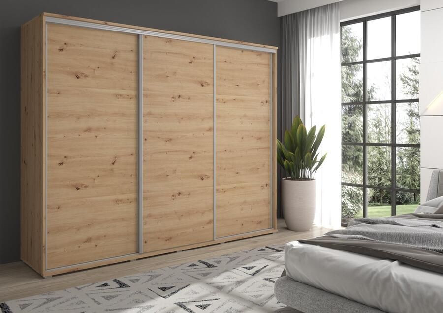 Maxi Maja LAGO kledingkast met schuifdeuren breedte 240 cm 3 deuren met laden met legplanken met hanggedeelte grote ruime schuifkast artisane eik decor bruin