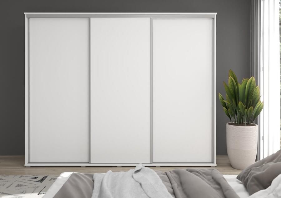 Maxi Maja LAGO kledingkast met schuifdeuren breedte 250 cm 3 deuren met laden met legplanken met hanggedeelte grote ruime schuifkast wit