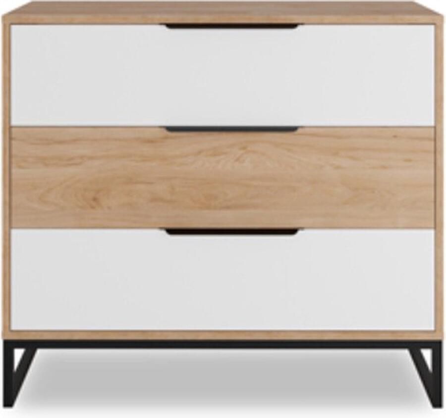Maxi Maja Landro ladekast hickory en wit mat 90 cm 3 lades met zwarte metalen handgrepen