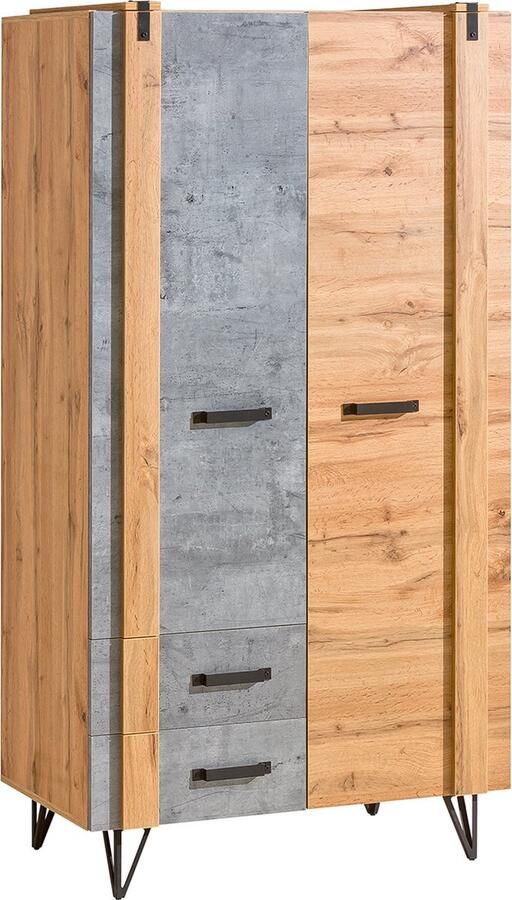 Maxi Maja LOFTER L01 kledingkast Metalen poten Laden Kledingroede Loftkledingkast 90 cm Wotan eik + beton