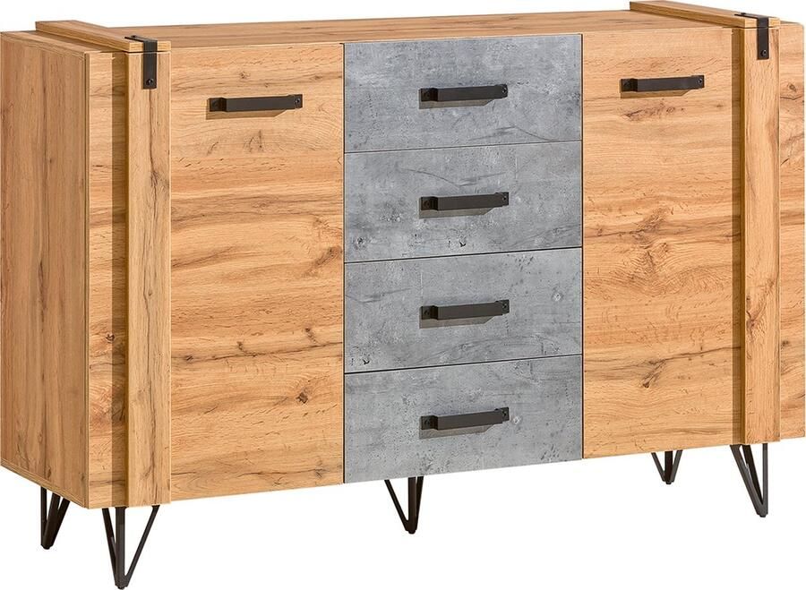 Maxi Maja LOFTER L05 ladekast Metalen poten Loftstijl Ladekast met planken 135 cm Wotan Eik + beton