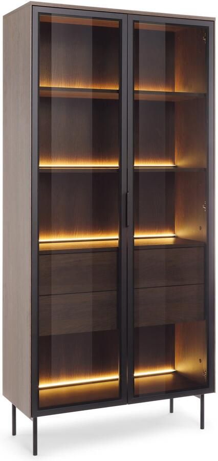 Maxi Maja Lumi 2d2s hoge vitrinekast gehard glas zwarte metalen poten 2 deuren met planken met 2 lades grote ruime vitrinekast voor de woonkamer met ledverlichting 91 5 x 194 6 x 39 3 cm