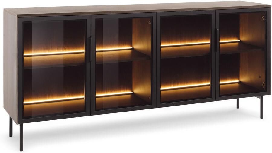 Maxi Maja Lumi 4d dressoir met planken vitrinekast commode 4 openslaande deuren gehard glas zwarte metalen poten breedte 181 cm grote kast voor de woonkamer met ledverlichting