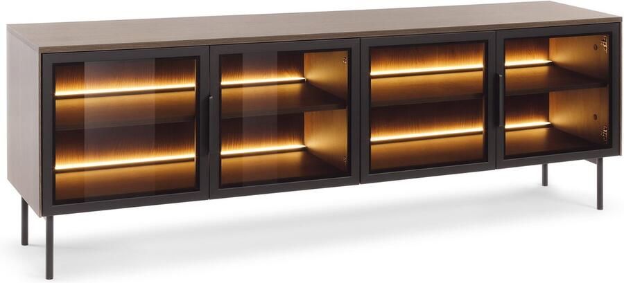 Maxi Maja Lumi 4d tv meubel staande kast breedte 181 cm met planken met klepdeuren van gehard glas met ledverlichting op metalen poten grote kast voor onder de tv