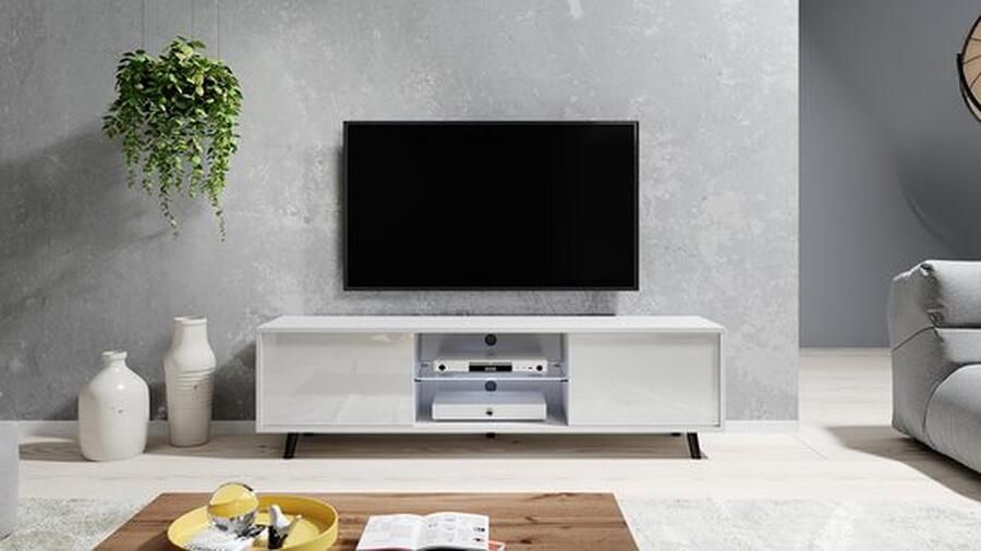 Maxi Maja Luna 01 TV-meubel 140 cm 2 deuren wit mat en glans met LED-verlichting en glazen plank