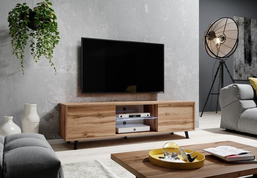 Maxi Maja LUNA 01 TV-meubel 140 cm staand 2 x deuren met plank moderne woonkamerkast LED-verlichting ergonomisch TV-kast Wotan eikenkleur