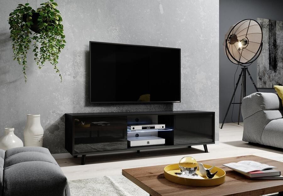 Maxi Maja LUNA 01 TV-meubel 140 cm staand 2 x deuren met plank moderne woonkamerkast LED-verlichting ergonomisch TV-kast zwart