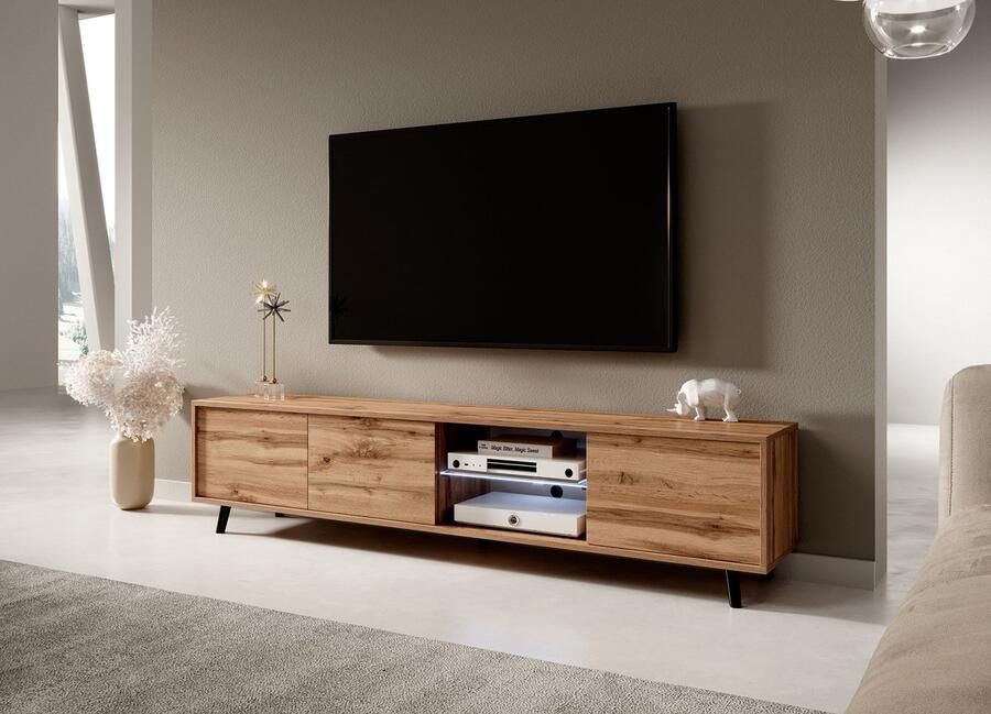 Maxi Maja LUNA 02 TV-meubel breedte 175 cm staand 3 x deuren met plank moderne woonkamerkast LED-verlichting ergonomisch TV-kast Wotan eikenkleur