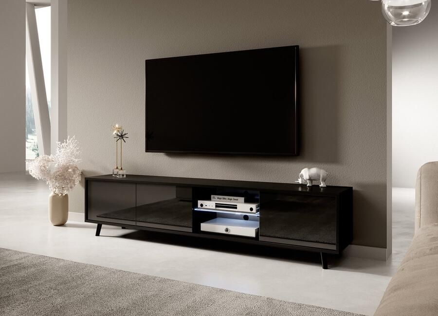 Maxi Maja LUNA 02 TV-meubel breedte 175 cm staand 3 x deuren met plank moderne woonkamerkast LED-verlichting ergonomisch TV-kast zwart