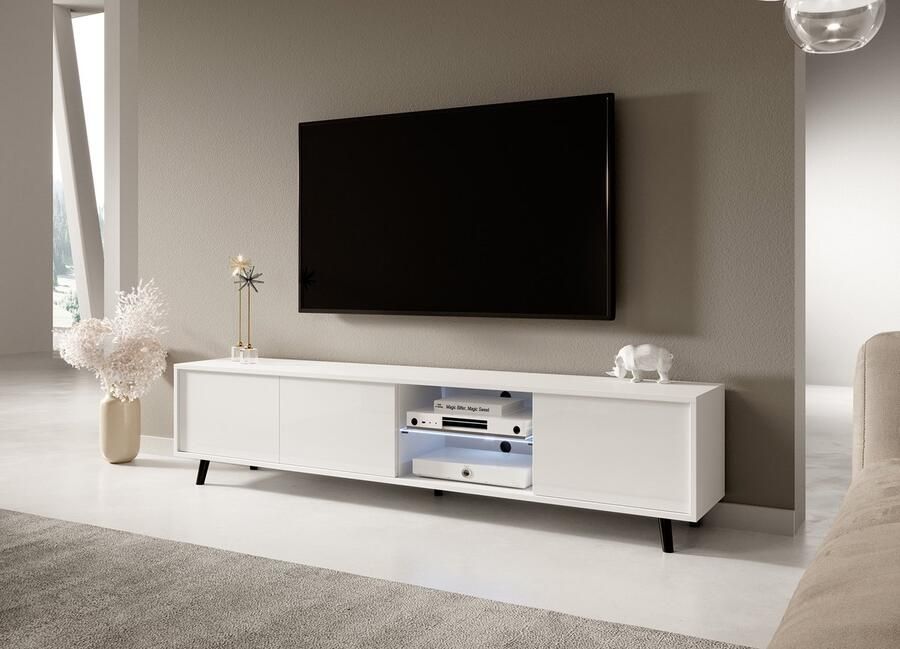 Maxi Maja LUNA 02 TV-meubel breedte 175 cm staand 3 x deuren met plank moderne woonkamerkast LED-verlichting ergonomisch TV-kast wit mat + wit glans