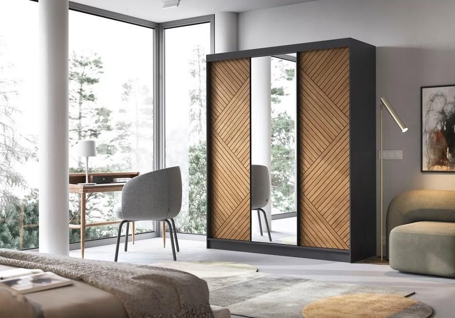 Maxi Maja Marrphy III Kledingkast met spiegel schuifkast 180 220 60 cm planken hangers drie schuifdeuren zwart bruin