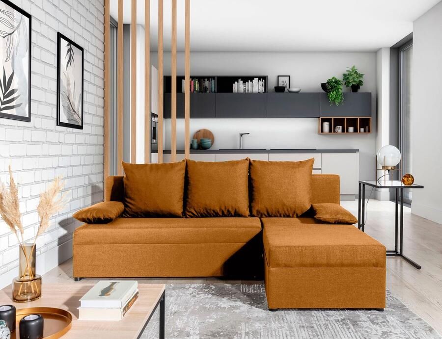 Maxi Maja MaxiMaja-Gino Hoekbank met Slaapfunctie en Opbergruimte Longchair Universeel Monteerbaar Mosterd Velvet Soft 201 x143 x 90 cm 201 x 124