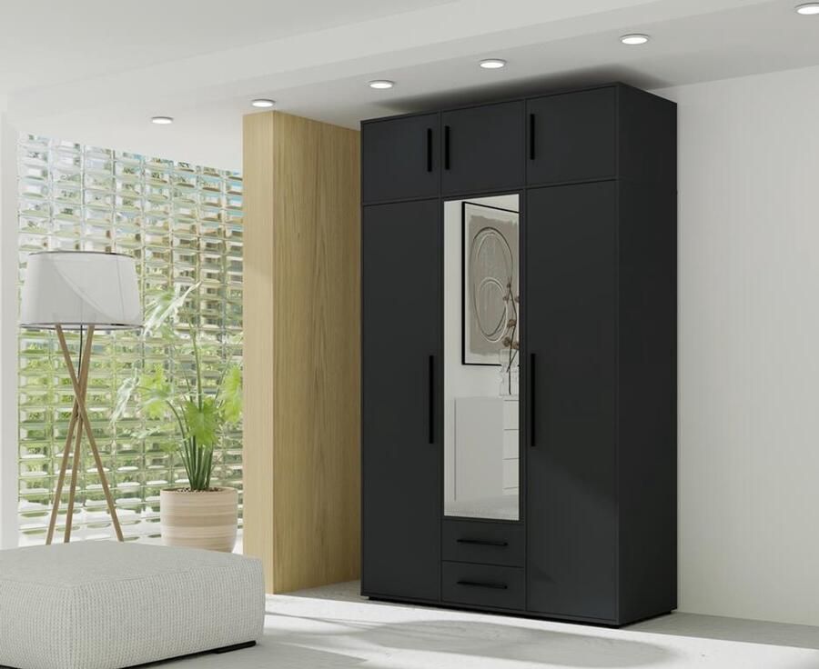 Maxi Maja Maxione Kledingkast met kastuitbreiding hoge kleerkast 248 20 cm breedte 150 cm kledingkast met draaideuren met 2 laden met spiegel legplanken hanggedeelte zwart ergonomisch