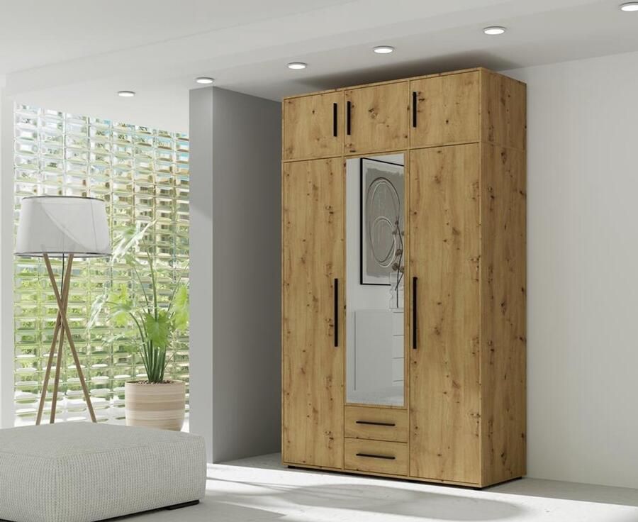 Maxi Maja Maxione Kledingkast met kastuitbreiding hoge kleerkast 248 20 cm breedte 150 cm kledingkast met draaideuren met 2 laden met spiegel legplanken hanggedeelte bruin decor: artisan eik ergonomisch