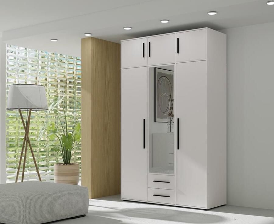 Maxi Maja Maxione Kledingkast met kastuitbreiding hoge kleerkast 248 20 cm breedte 150 cm kledingkast met draaideuren met 2 laden met spiegel legplanken hanggedeelte wit ergonomisch