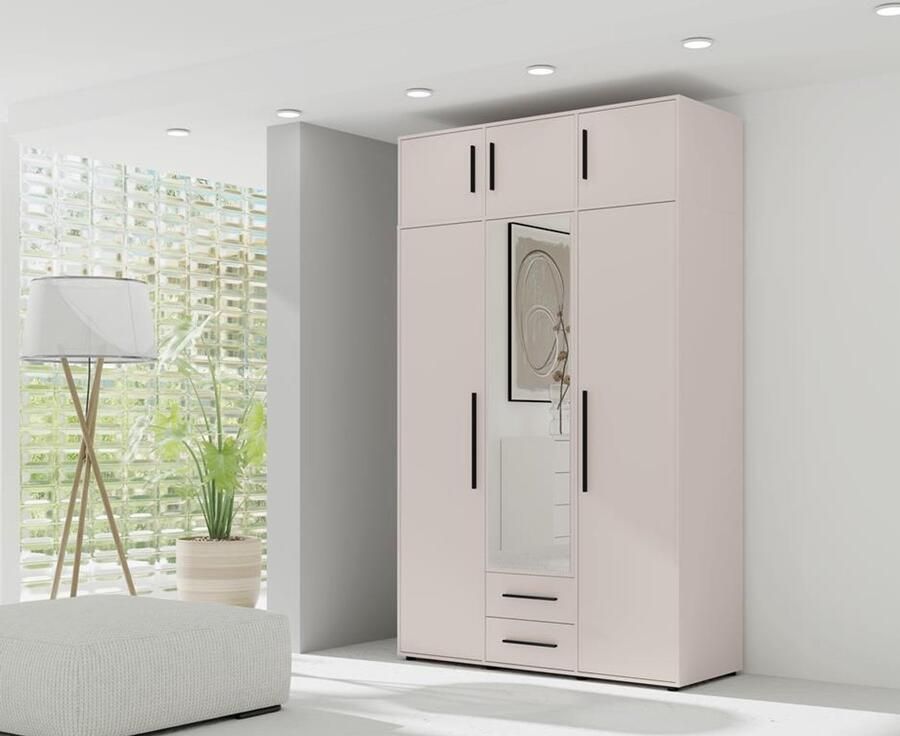 Maxi Maja Maxione Kledingkast met kastuitbreiding hoge kleerkast 248 20 cm breedte 150 cm kledingkast met draaideuren met 2 laden met spiegel legplanken hanggedeelte cashmere beige -ergonomisch