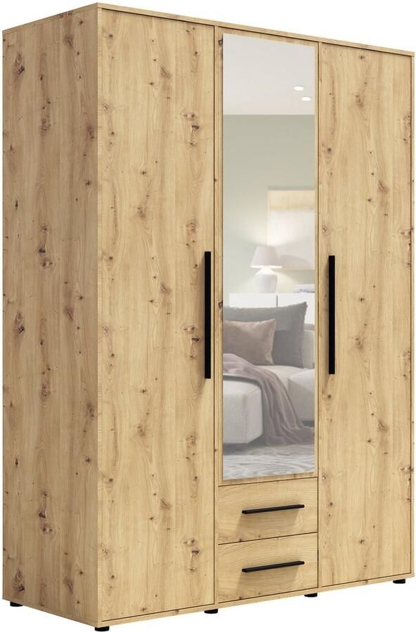 Maxi Maja Maxione SZ3D2SZ kledingkast 150 cm breed kledingkast bruin decor: artisan eik 3 openslaande deuren met spiegel 2 laden legplanken hanggedeelte