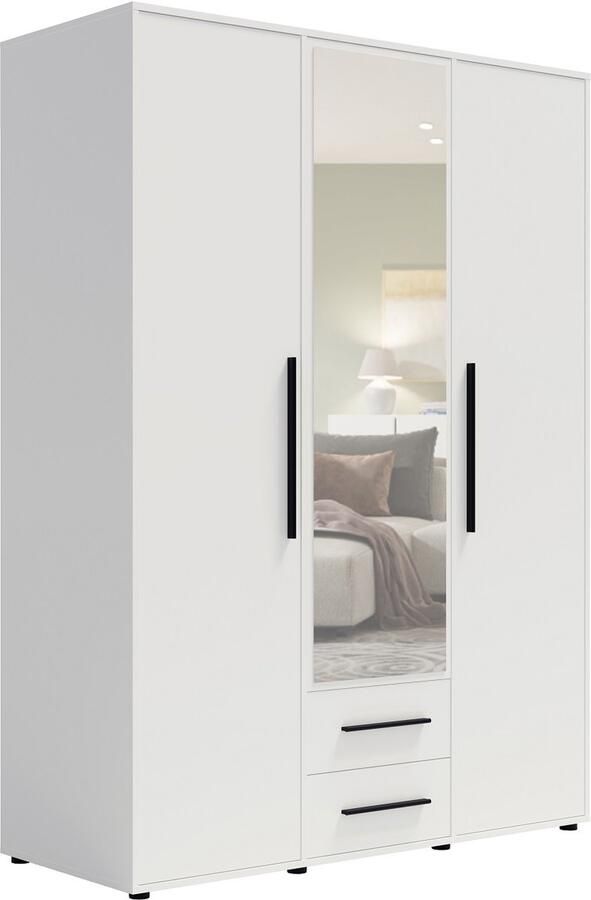 Maxi Maja Maxione SZ3D2SZ kledingkast 150 cm breed kledingkast wit 3 openslaande deuren met spiegel 2 laden legplanken hanggedeelte