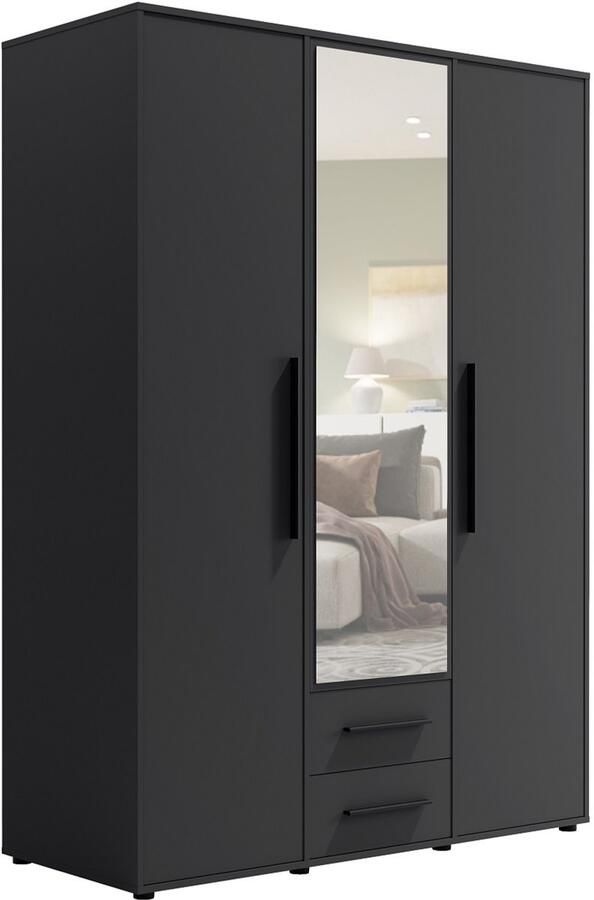Maxi Maja Maxione SZ3D2SZ kledingkast 150 cm breed kledingkast zwart 3 openslaande deuren met spiegel 2 laden legplanken hanggedeelte