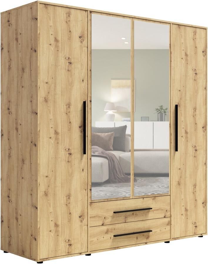Maxi Maja Maxione SZ4D2SZ kledingkast 198 cm breed kledingkast bruin decor: artisan eik 4 openslaande deuren met spiegel 2 laden legplanken hanggedeelte