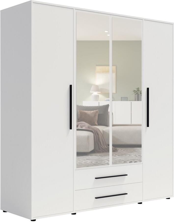 Maxi Maja Maxione SZ4D2SZ kledingkast 198 cm breed kledingkast wit 4 openslaande deuren met spiegel 2 laden legplanken hanggedeelte