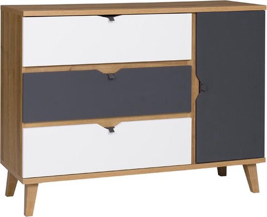 Maxi Maja MEMONE Dressoir ladekast 120 cm 3 lades wit en grafiet met gouden eik decor