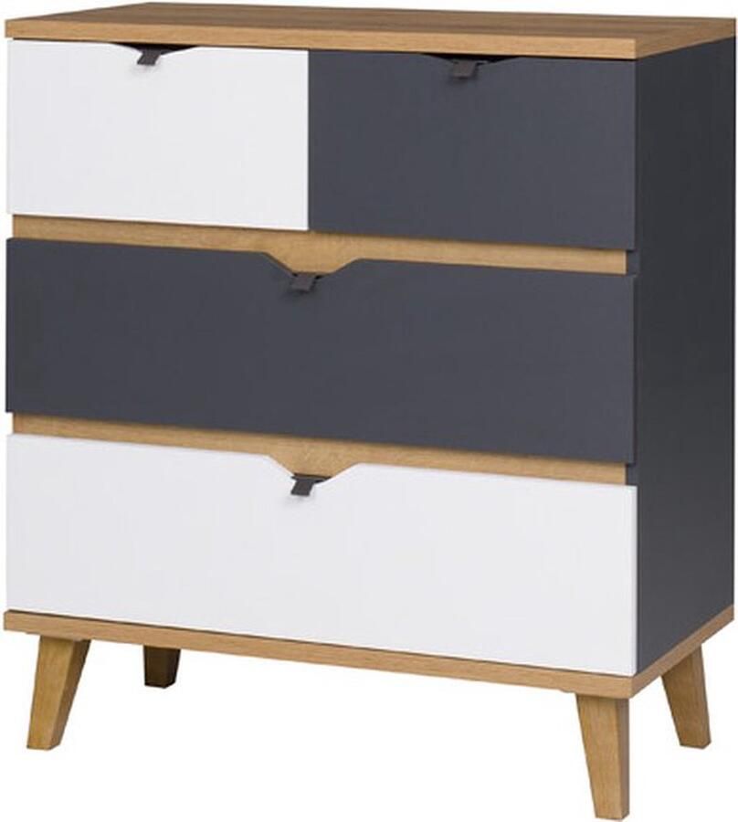 Maxi Maja MEMONE Dressoir ladekast 81 cm 4 lades wit en grafiet met gouden eik decor