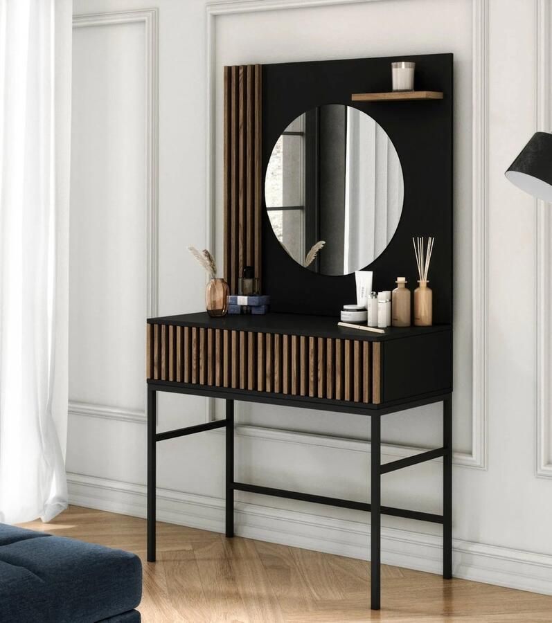 Maxi Maja Meorati Kaptafel met spiegel en lade cosmeticatafel staande kast met spiegel zwart + ambachtelijk eikenhout