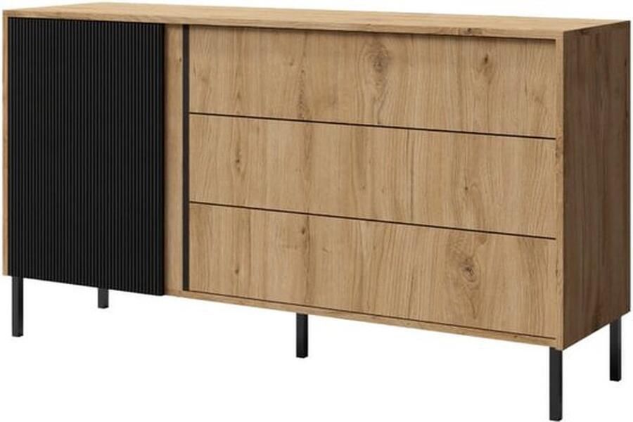 Maxi Maja MIA Ladekast 3 Lades Breedte 145 cm Eternal Oak en Zwart Loft Stijl