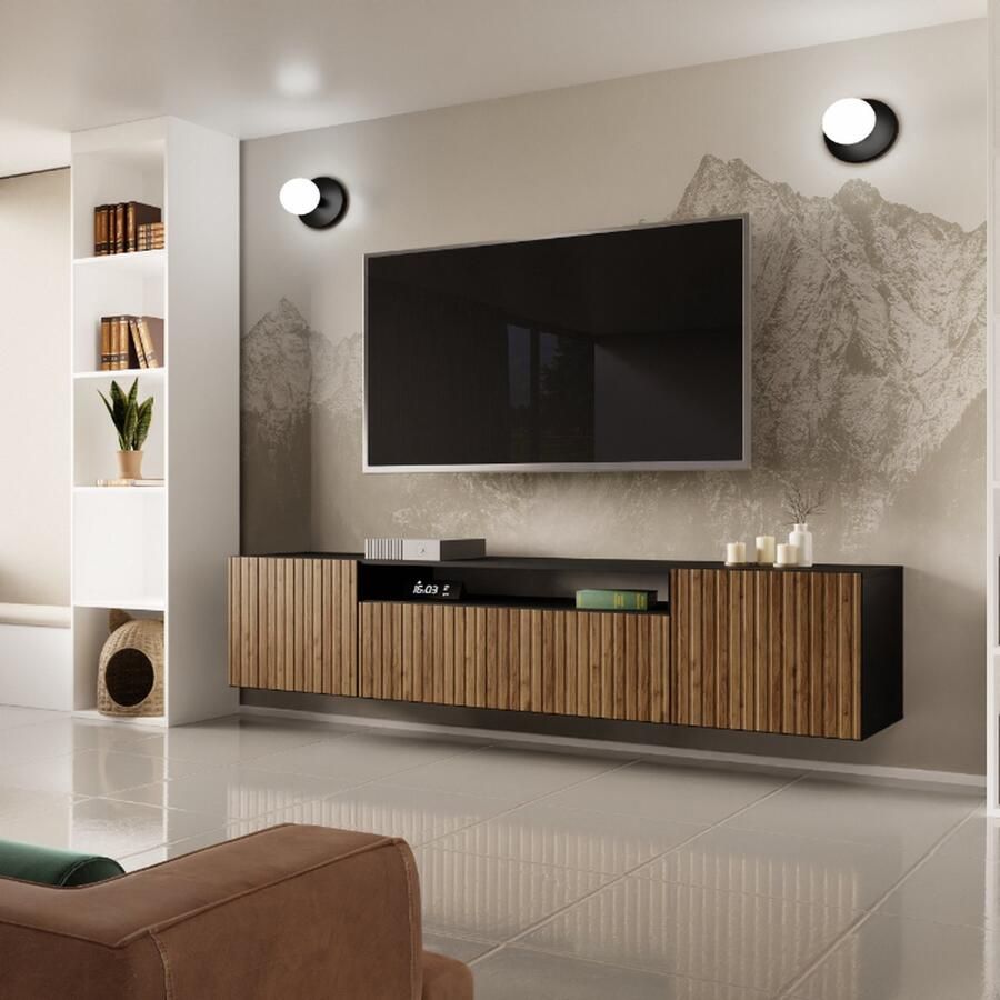 Maxi Maja Mio Catania TV-meubel wandkast 200 x 40 x 41 cm groot ruim zwart + decor: eiken catania hoge kwaliteit woonkamer meubels arton