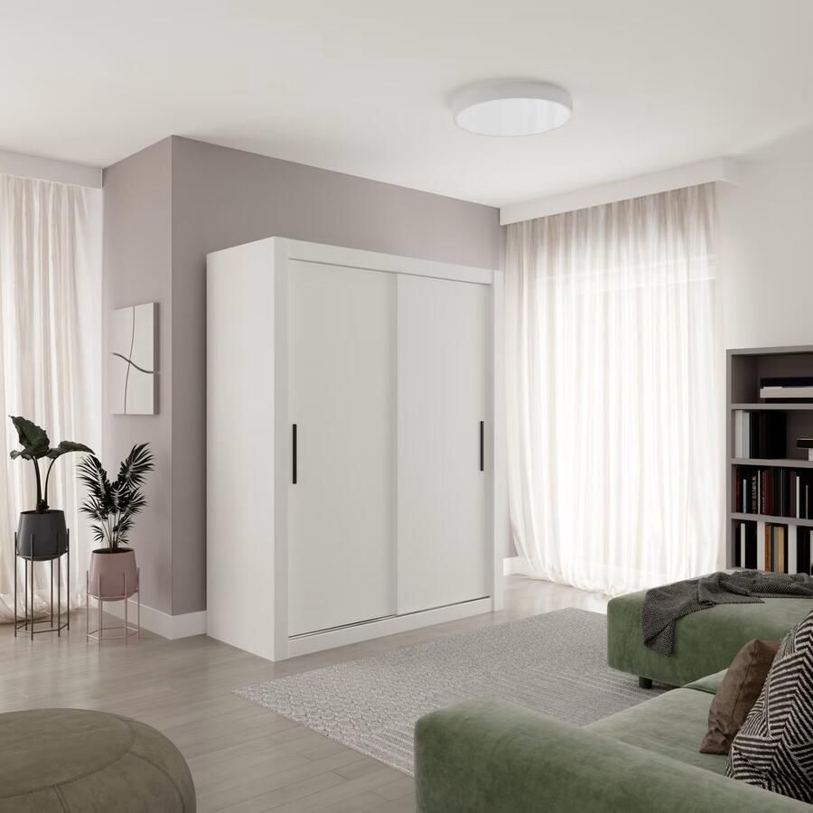 Maxi Maja Modi 160 Kledingkast Breedte 160 cm Kledingkast met schuifdeuren Ruime kledingkast Wit Twee deuren Met planken Hanggedeelte