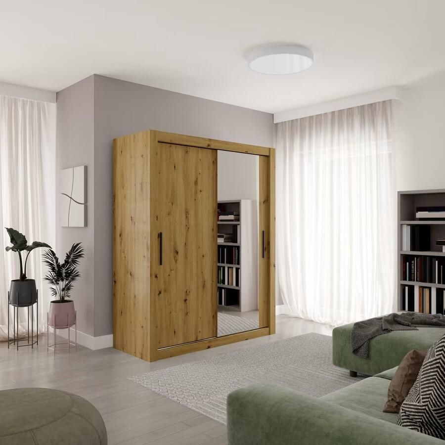 Maxi Maja Modi M160 Kledingkast met spiegel Breedte 160 cm Kledingkast met schuifdeuren Ruime kledingkast Bruin ambachtelijk eikenhout Twee deuren Met planken Hanggedeelte