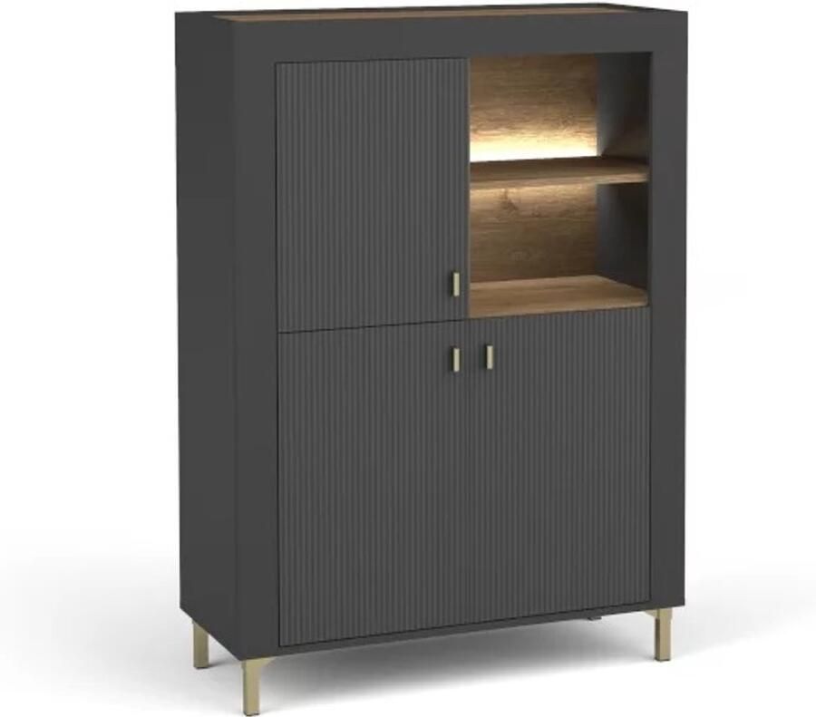 Maxi Maja Mossa 05 staande boekenkast + LED ladekast voor woonkamer met legplanken hoge poten 3 deuren legplanken HxBxD: 135 8 x 96 9 x 40 cm ruime ergonomische kast op poten zwart + whisky eiken decor