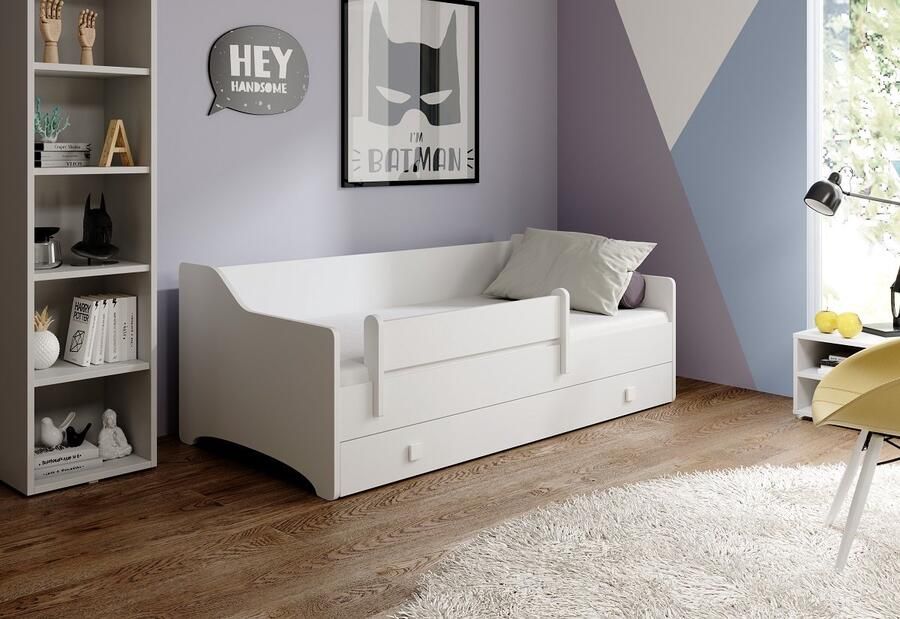 Maxi Maja Naomi jeugdbed 160 x 80 cm kinderbed met relingen en met lade opbergruimte voor beddengoed met frame met matras wit