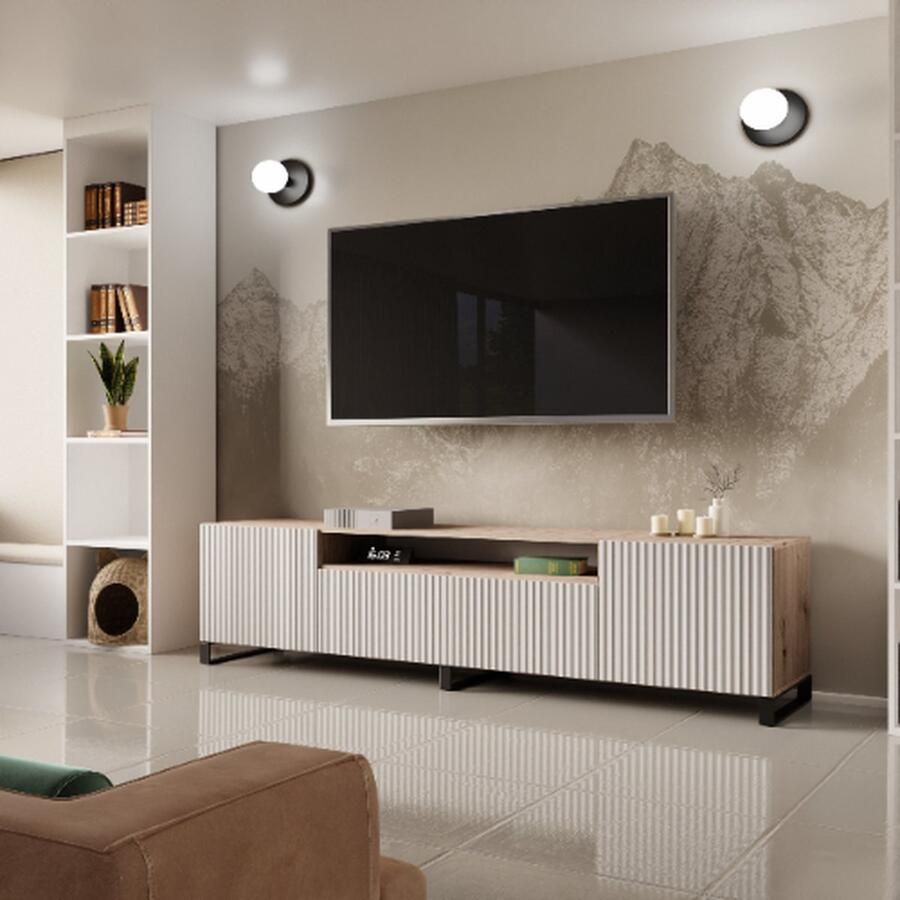 Maxi Maja NOE staand TV-meubel breedte 200 cm groot ruim ergonomisch artisan eik + wit MDF gecanneleerde kastfronten 200 x 53 x 41 cm woonkamer meubels arton