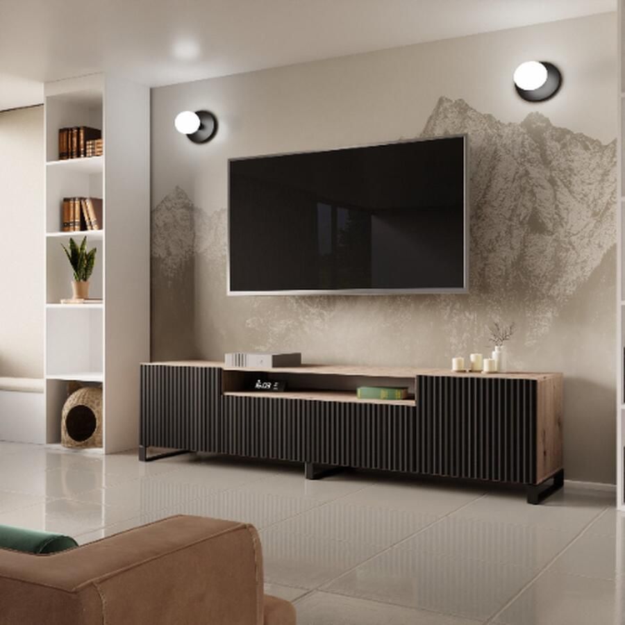 Maxi Maja NOE staand TV-meubel breedte 200 cm groot ruim ergonomisch artisan eik + zwart MDF gecanneleerde kastfronten 200 x 53 x 41 cm woonkamer meubels arton