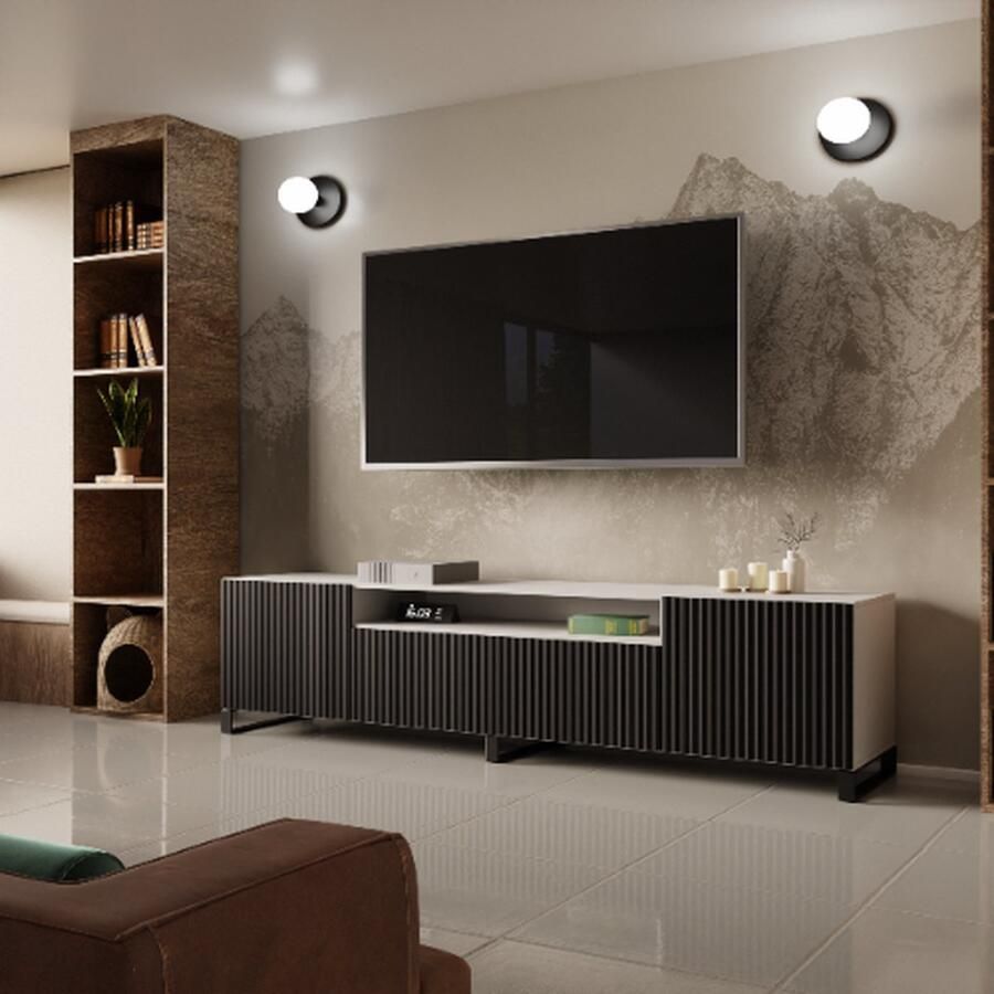 Maxi Maja NOE staand TV-meubel breedte 200 cm groot ruim ergonomisch wit + zwart MDF gecanneleerde kastfronten 200 x 53 x 41 cm woonkamer meubels arton