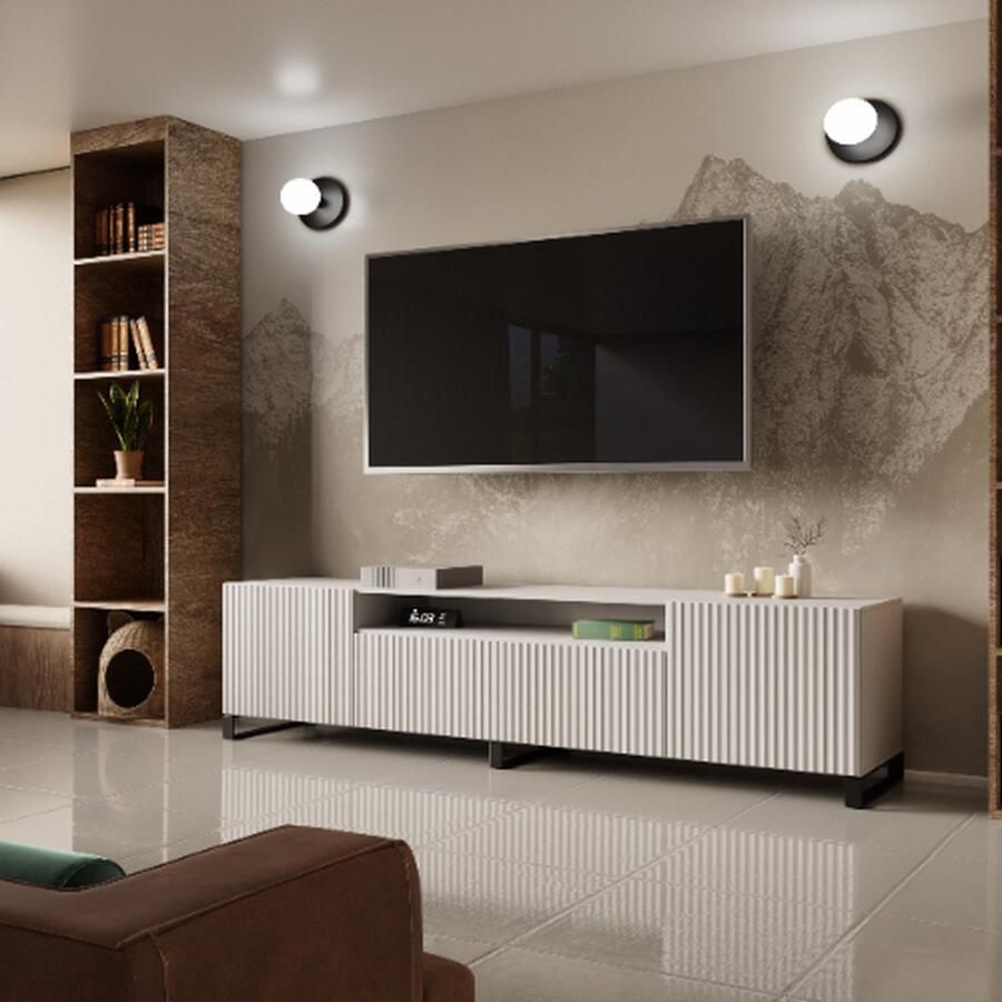 Maxi Maja NOE staand TV-meubel breedte 200 cm groot ruim ergonomisch witte kleur MDF gecanneleerde kastfronten 200 x 53 x 41 cm woonkamer meubels arton
