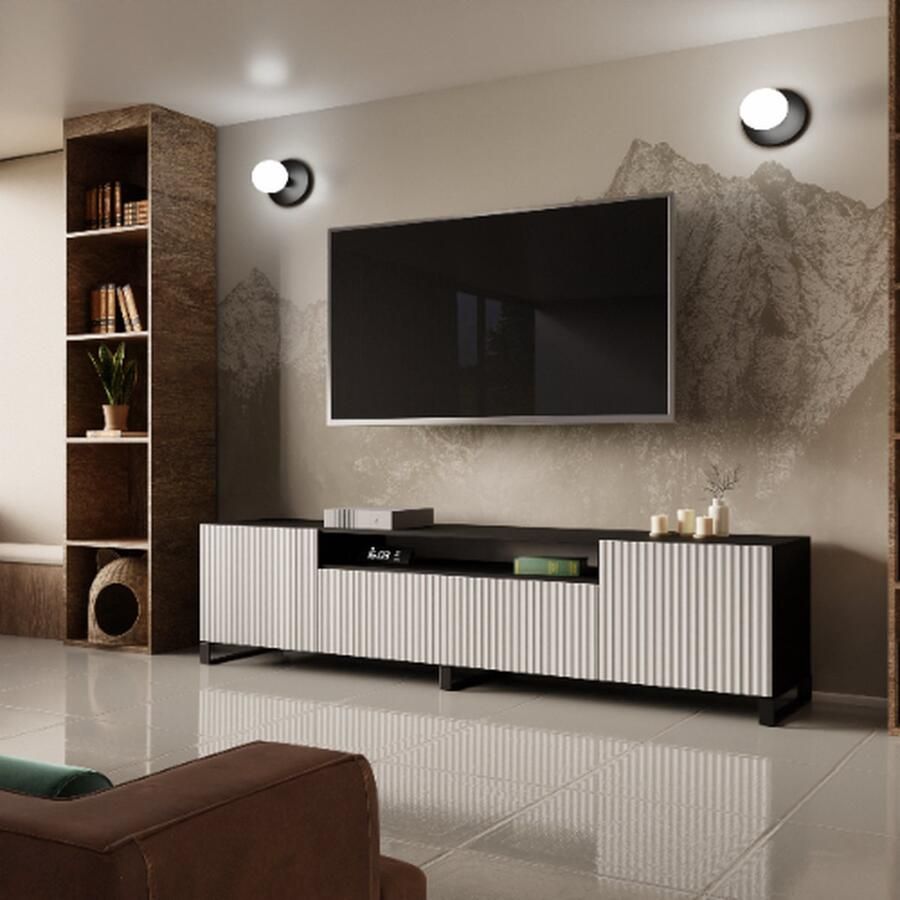 Maxi Maja NOE staand TV-meubel breedte 200 cm groot ruim ergonomisch zwart en wit MDF gecanneleerde kastfronten 200 x 53 x 41 cm woonkamer meubels arton