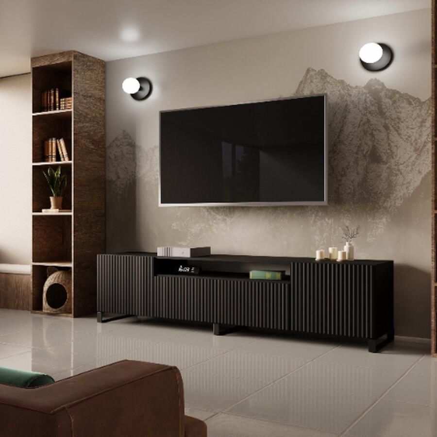 Maxi Maja NOE staand TV-meubel breedte 200 cm groot ruim ergonomisch zwart MDF gecanneleerde kastfronten 200 x 53 x 41 cm woonkamer meubels arton