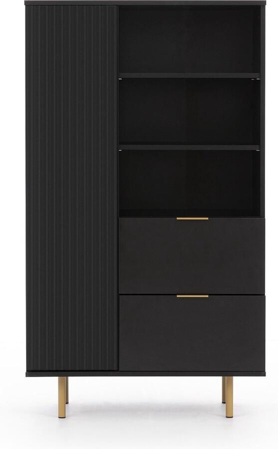 Maxi Maja Nubia R1D2SZ boekenkast met planken en lades dressoir 80 x 41 cm hoogte 140 cm hoge poten MDF fronten zwart kleur