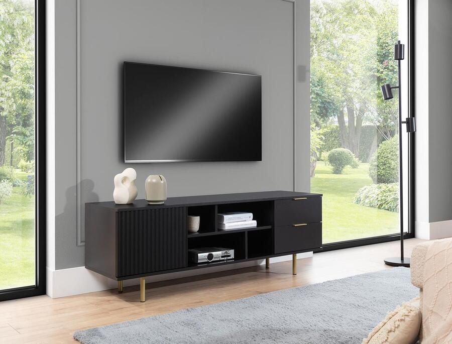 Maxi Maja Nubia TV-meubel met hoge poten met lade met deuren met planken 150 cm woonkamermeubel kleur zwart