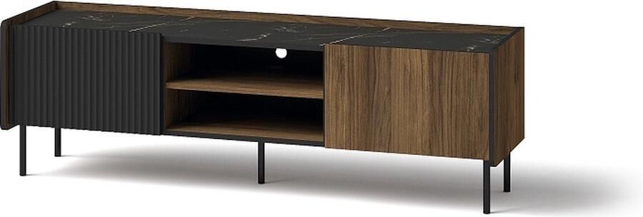 Maxi Maja Prestigo P7 TV-meubel staand 150 cm op hoge poten industrieel ruim planken gegroefde voorkant zwart walnoot
