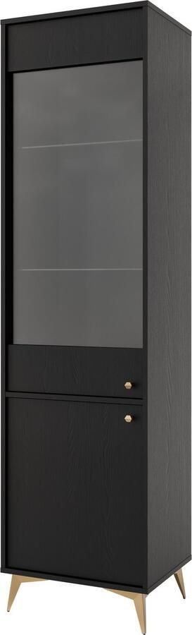 Maxi Maja Tokio 101 hoge vitrinekast + LED verlichting breedte 51 8 cm hoogte 193 5 cm zwart grafiet kleur metalen hoge poten 2 deuren met legplanken woonkamer meubels