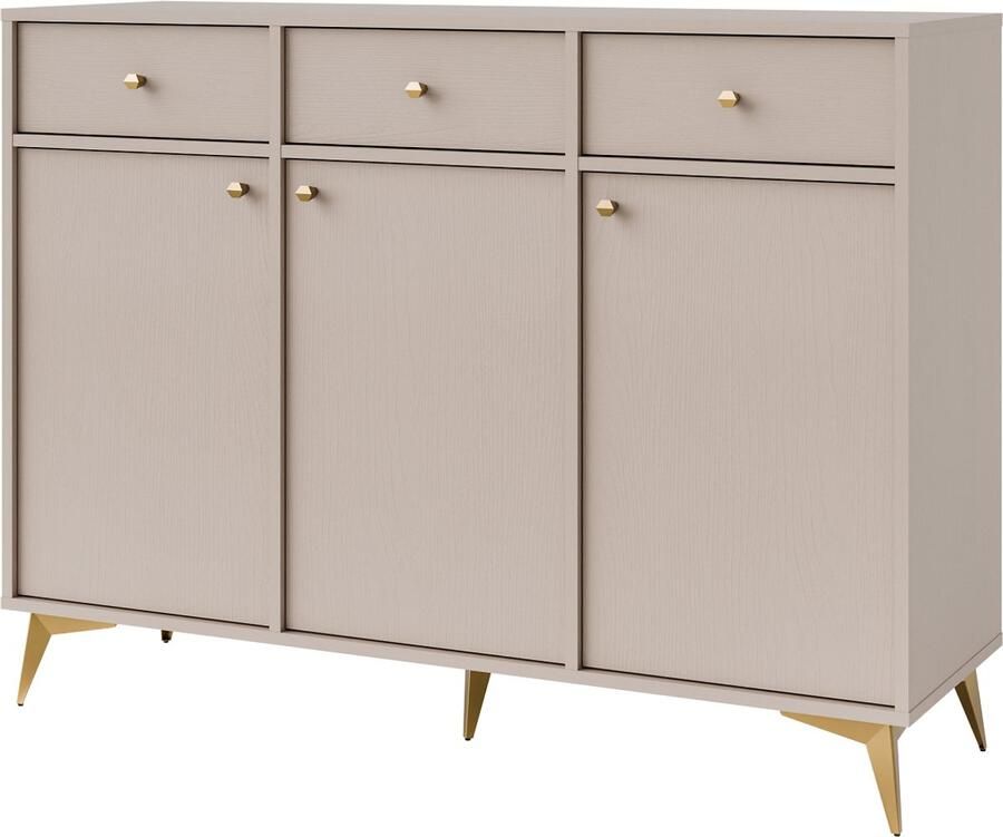Maxi Maja Tokio 827 ladekast commode dressoir breedte 124 5 cm beige kleur metalen hoge poten 3 laden 3 deuren met legplanken woonkamermeubels