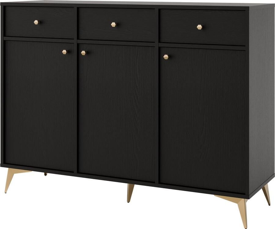 Maxi Maja Tokio 827 ladekast commode dressoir breedte 124 5 cm zwart grafiet kleur metalen hoge poten 3 laden 3 deuren met legplanken woonkamermeubels