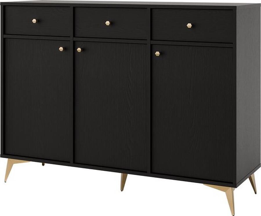 Maxi Maja Tokio ladekast dressoir 124 5 cm 3 laden 3 deuren zwart grafiet met metalen poten